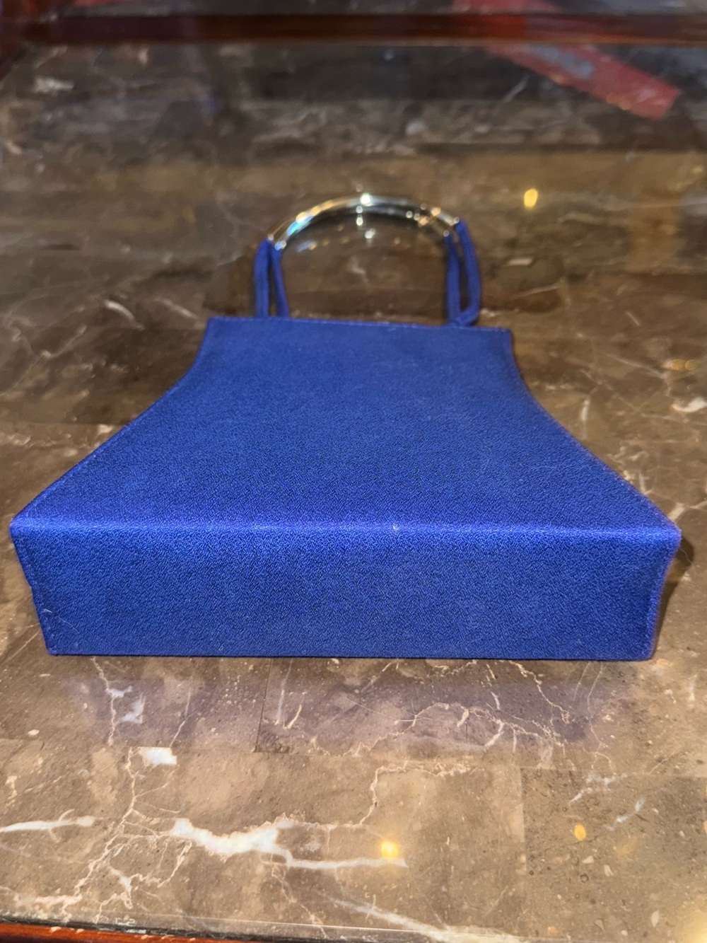 Blue Satin Evening Tote Bag with Silver Handles - Picture 2 of 3